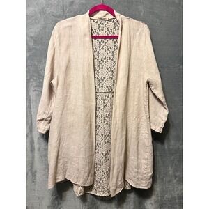Lungo L'Arno Womens M Beige Linen Open Front Cardigan Lace Panel Made Italy